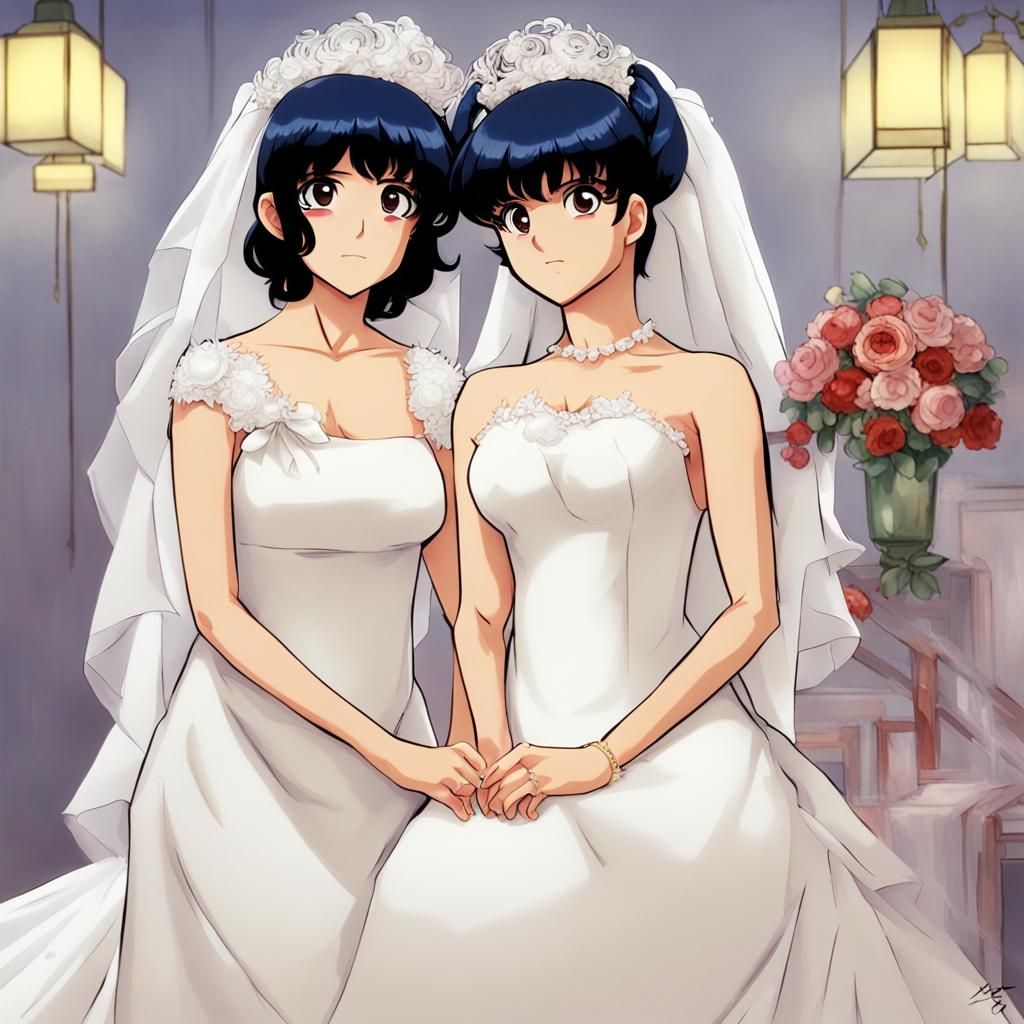 the wedding oh ranma saotome (female version) and akane tendo both with wedding dress