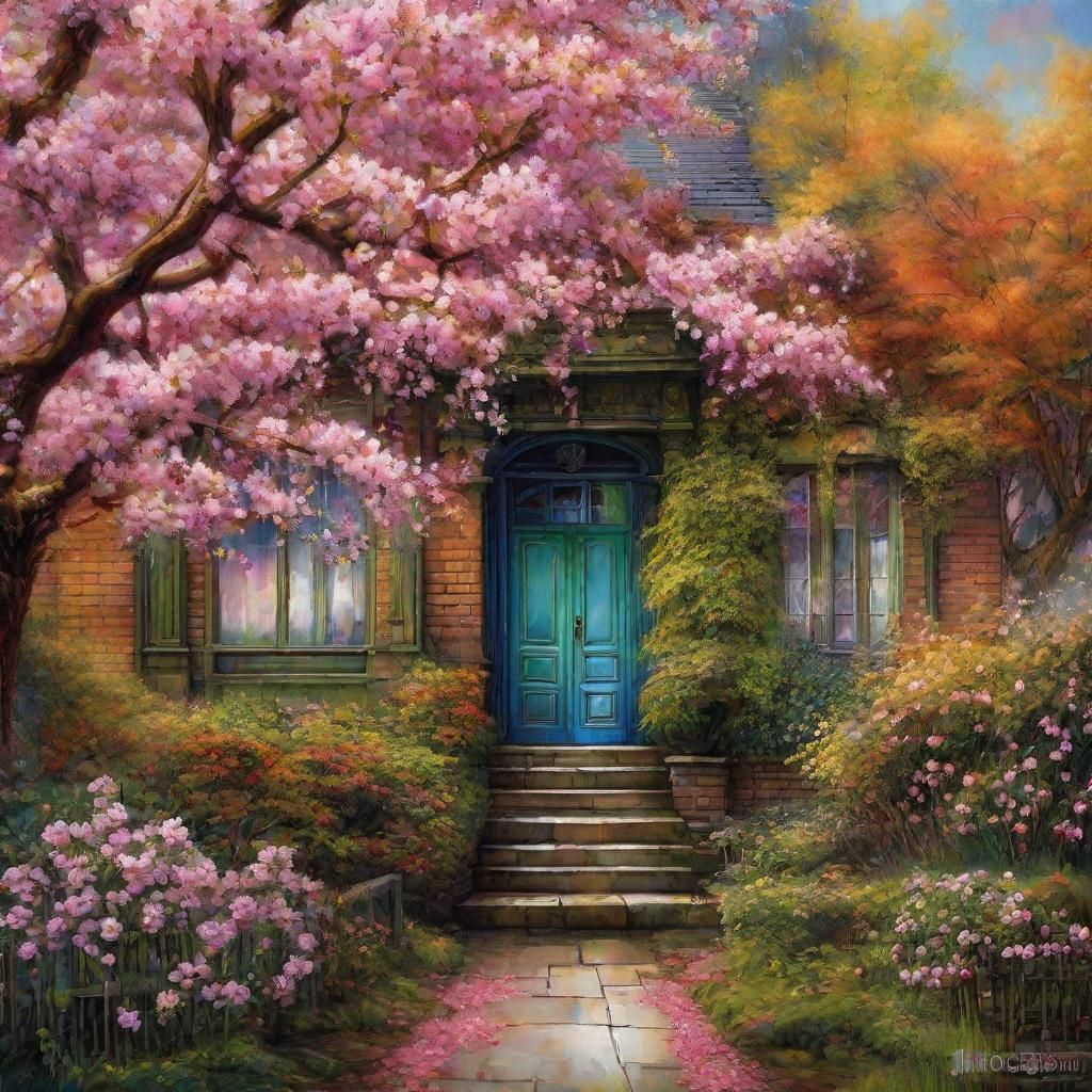 Victorian House Garden Watercolour Painting With Cherry Tree