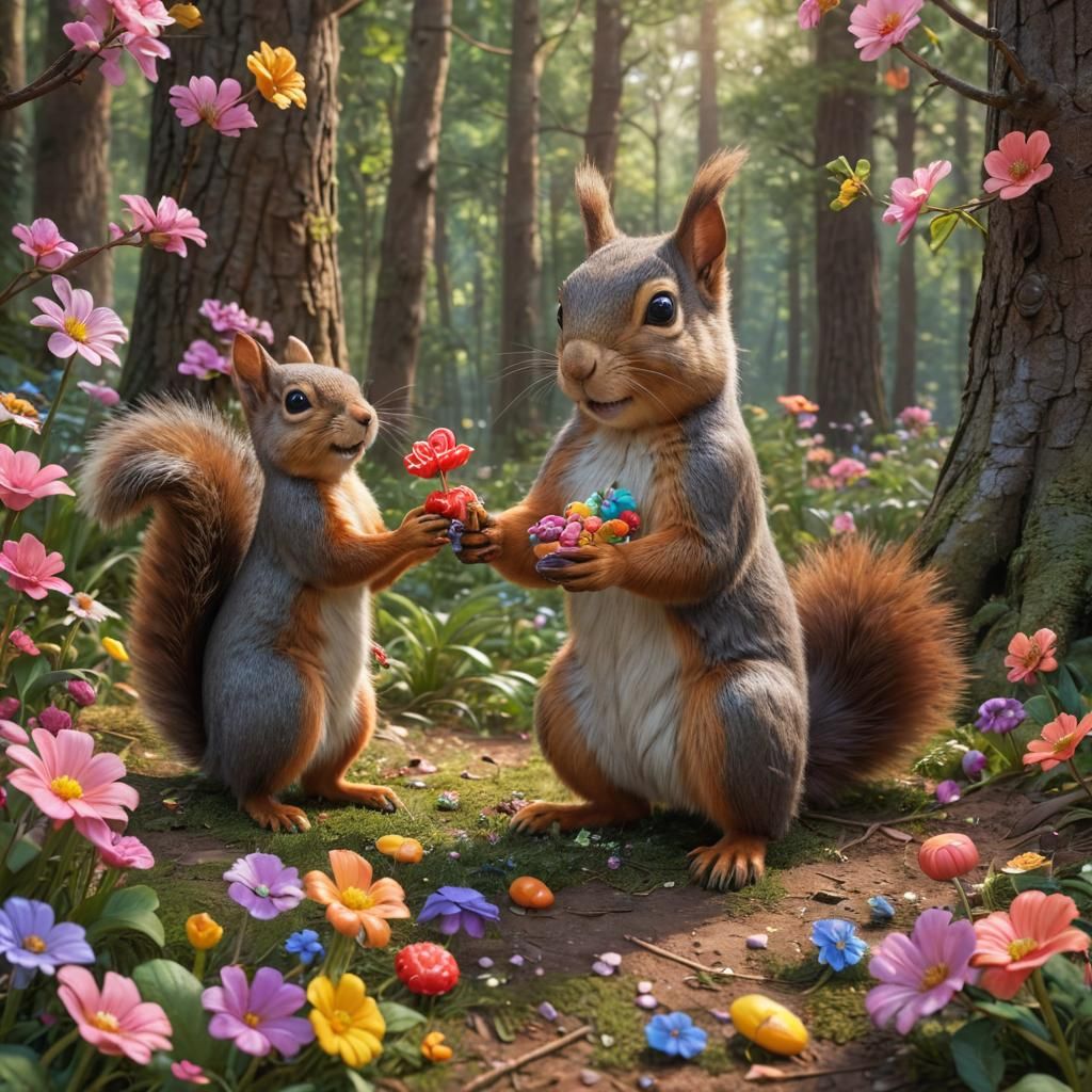 Squirrels Sharing Flowers: Hyperrealistic Candy Art