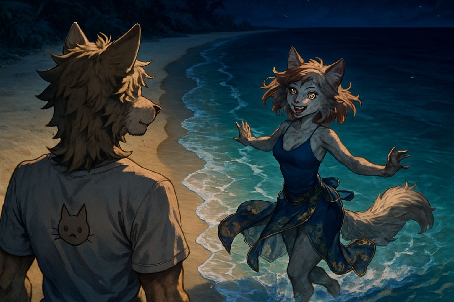 Anime-Style Beach Scene with Anthropomorphic Figures