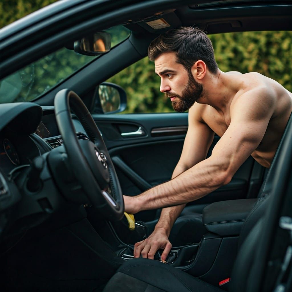 Shirtless Man Cleans Car Interior