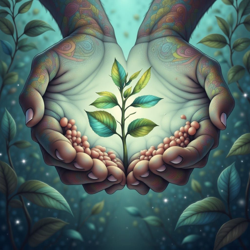 Global Unity: Hands Cradle Seedling in Abstract Style