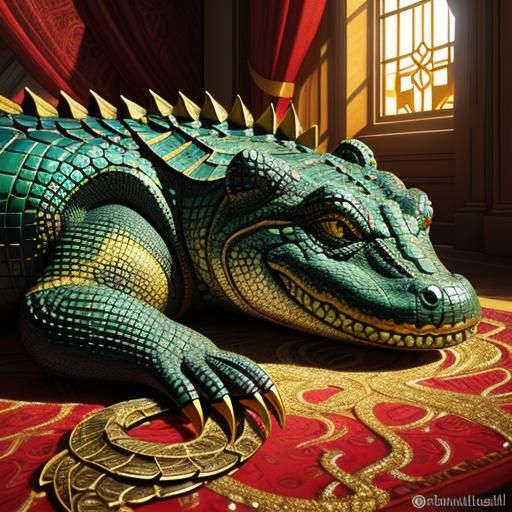 Alligator in Lake: Klimt-Inspired Digital Art