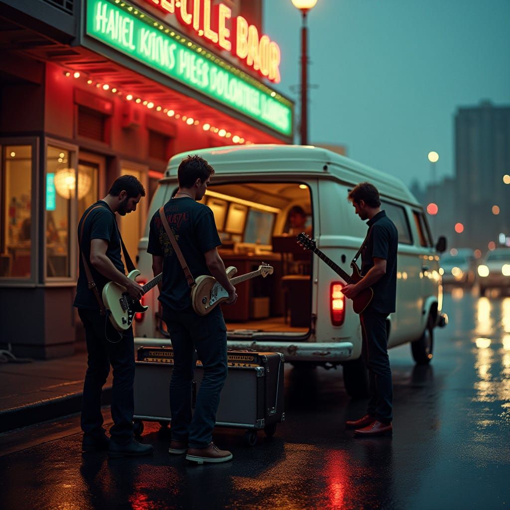 Moody Musicians Load Gear into Retro Van at Abandoned Dive B...