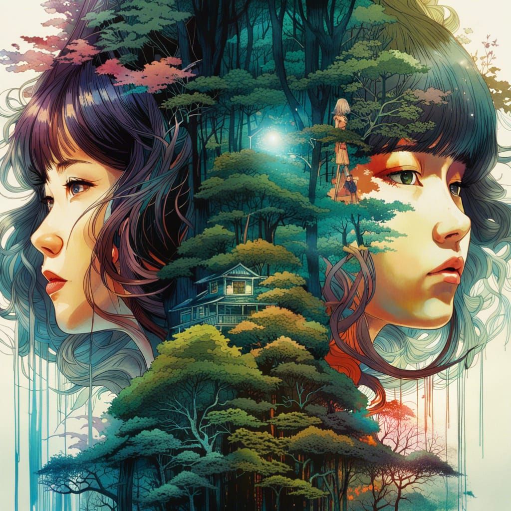 Double Exposure: Anime Girl with Forest Hair