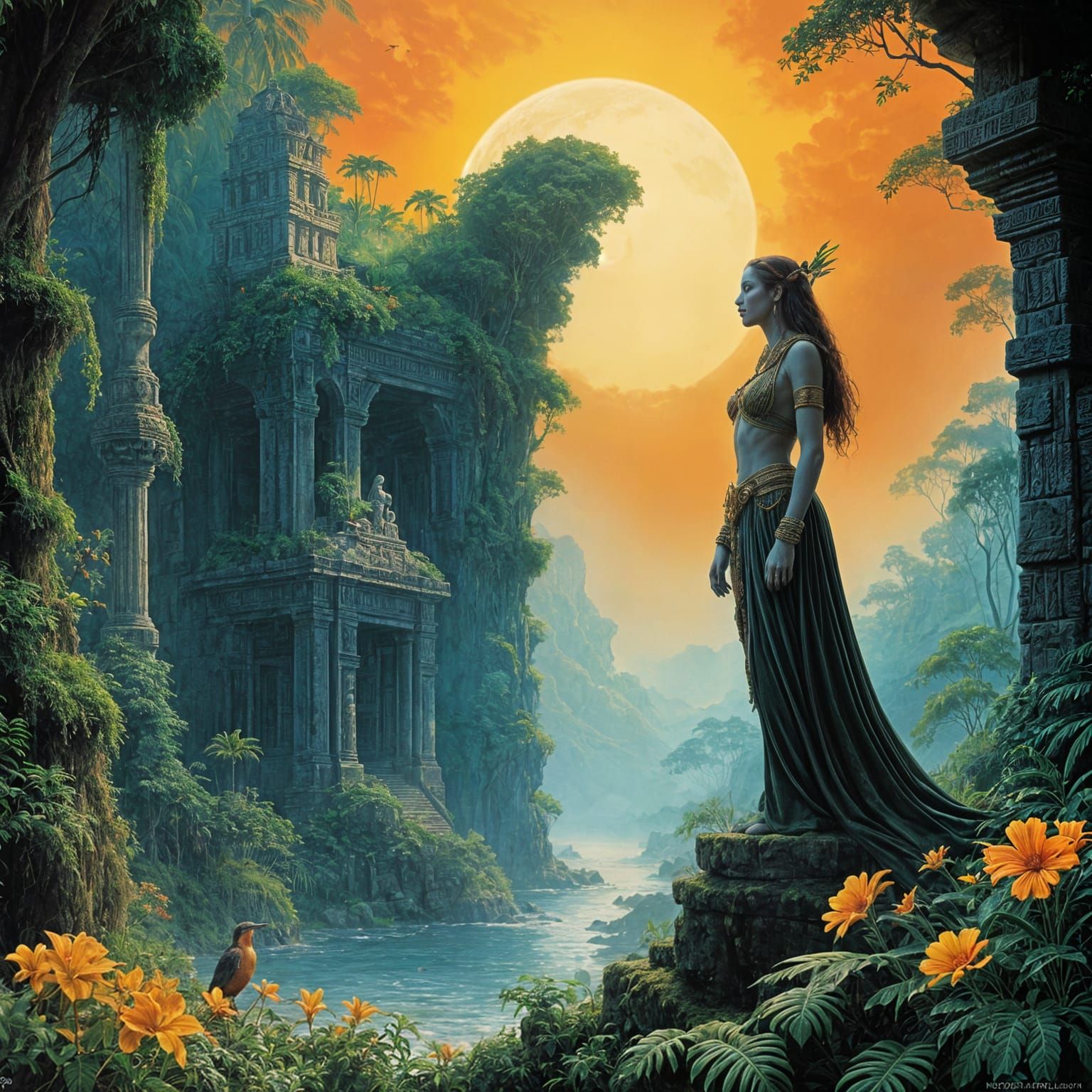 Tropical Sunrise in a Vibrant Green Forest