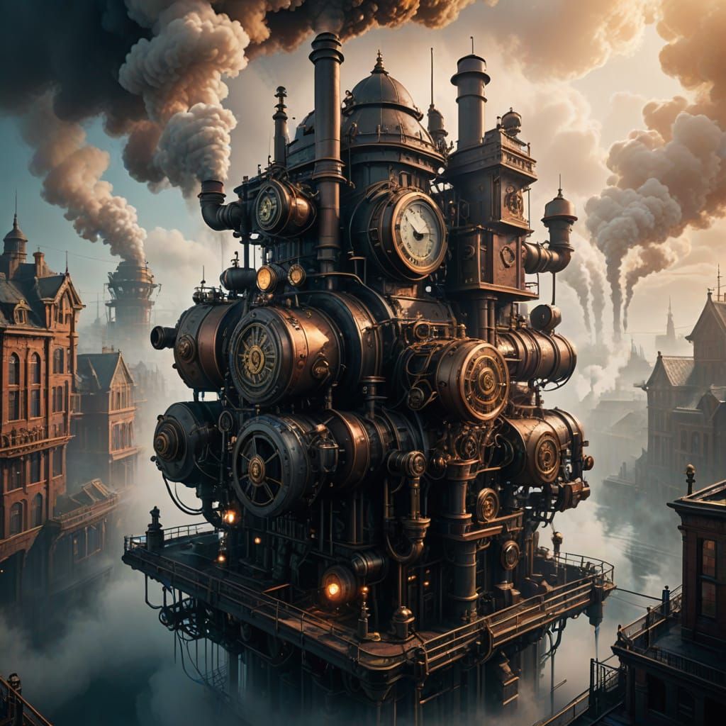 Steampunk Cityscape in Warm, Golden Light