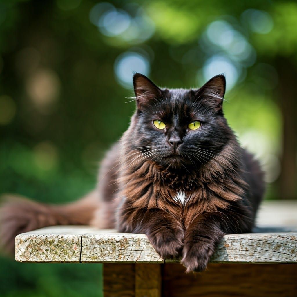 Fluffy Cat Basks in Sunshine on Picnic Table