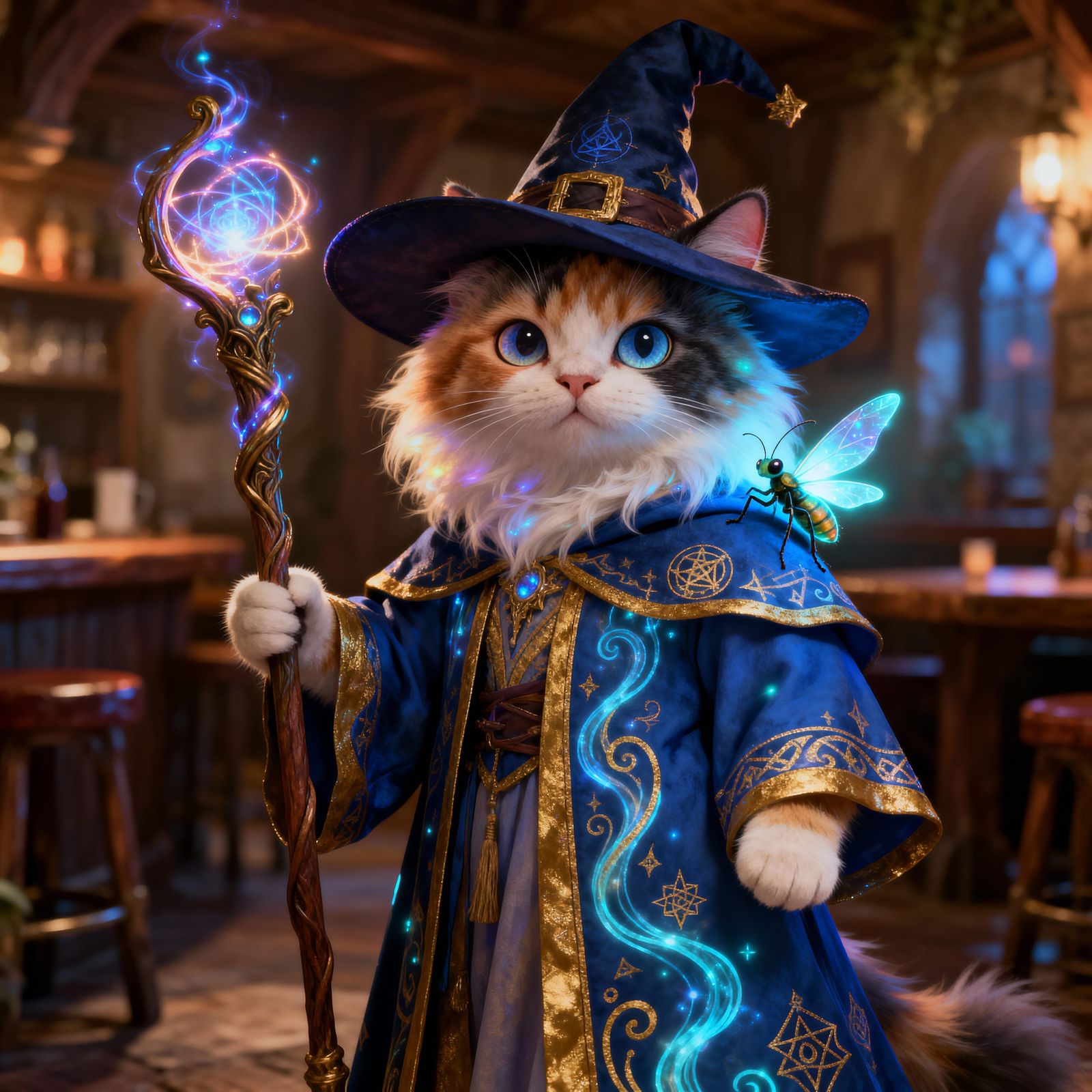 Calico Cat Wizard with Glowing Staff in 3D Render