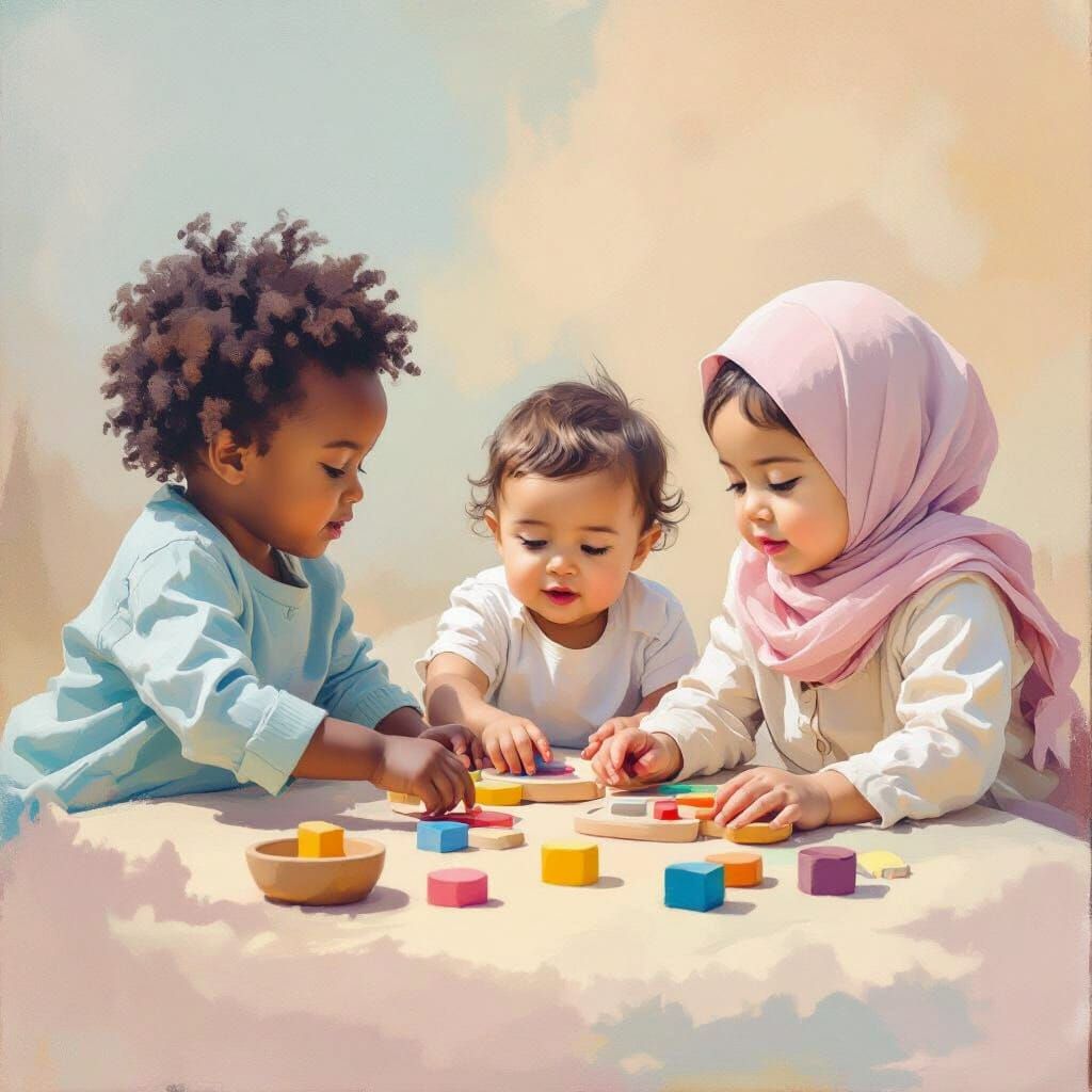 Montessori Toddlers in Dreamy Pastel Impressionist Style