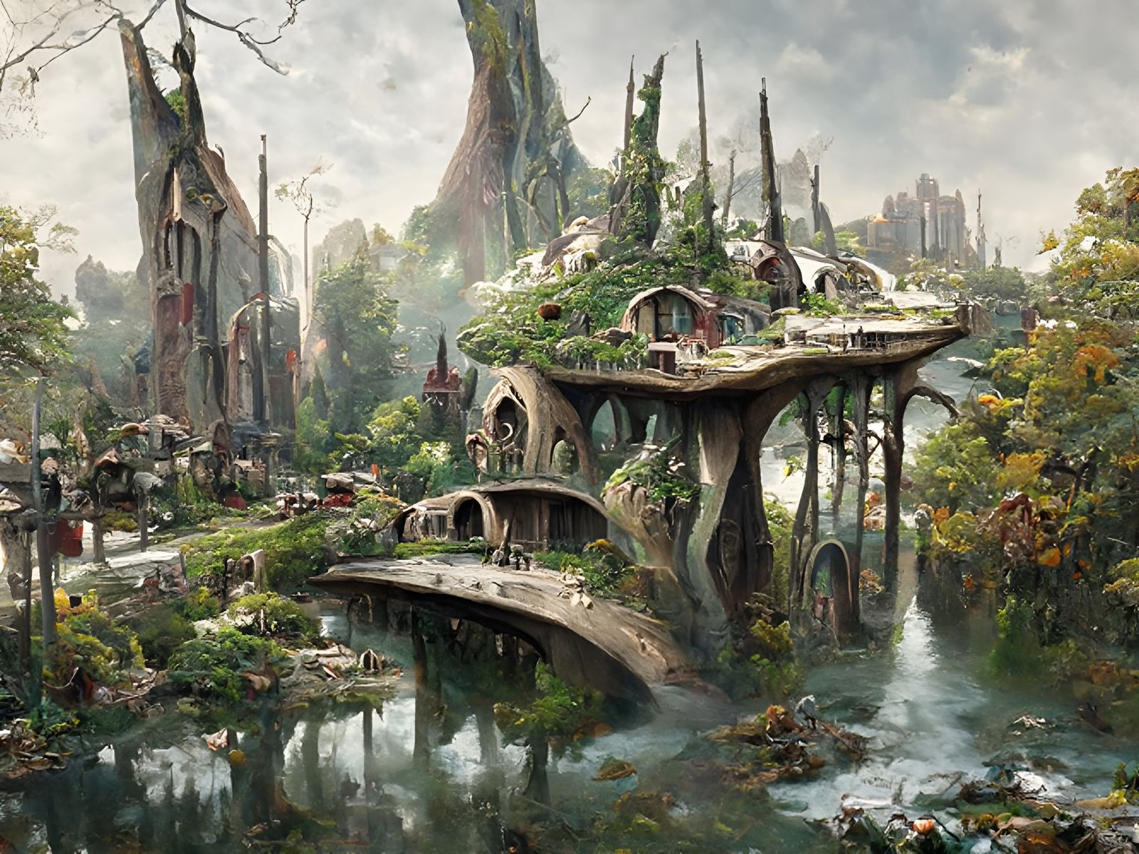 Ecological Elven Metropolis Art Nouveau Painting