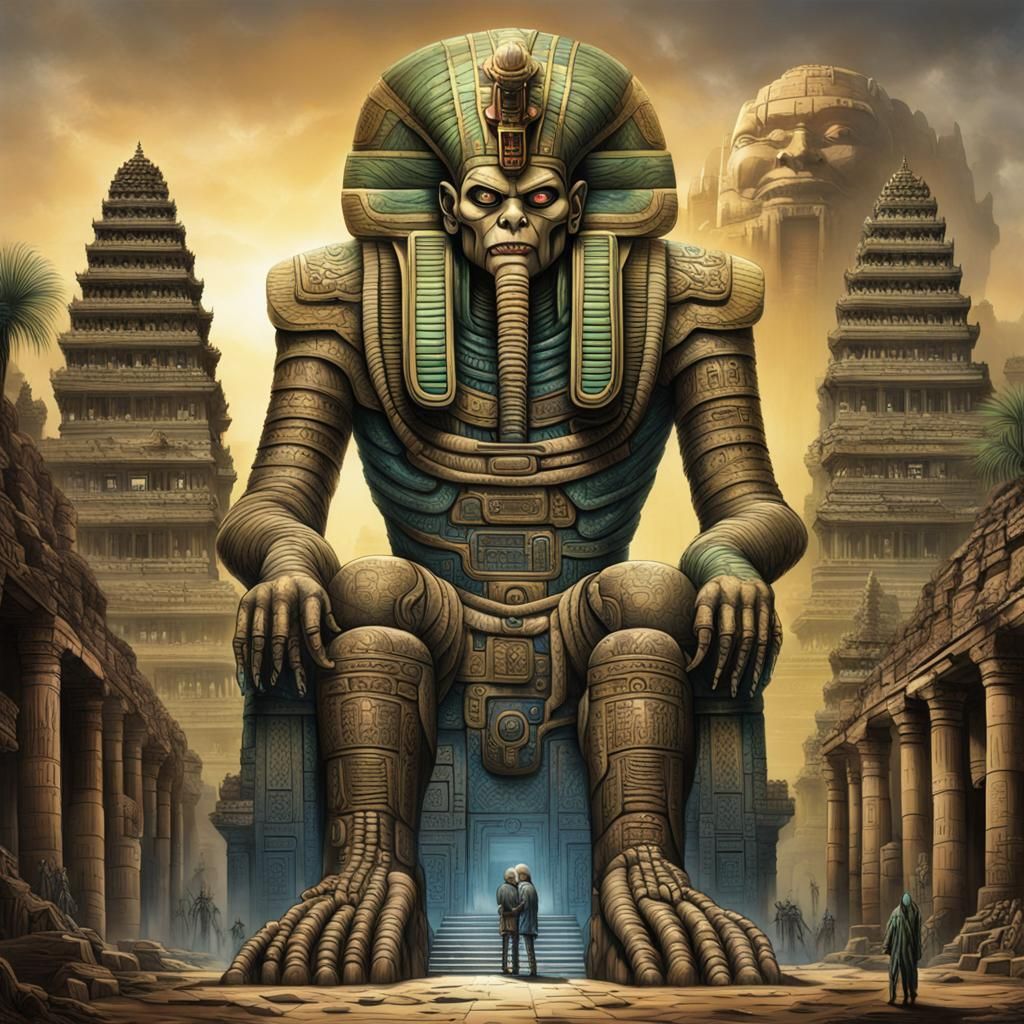 Cyberpunk Mummy Pharaoh Reigns Over Shimmering City