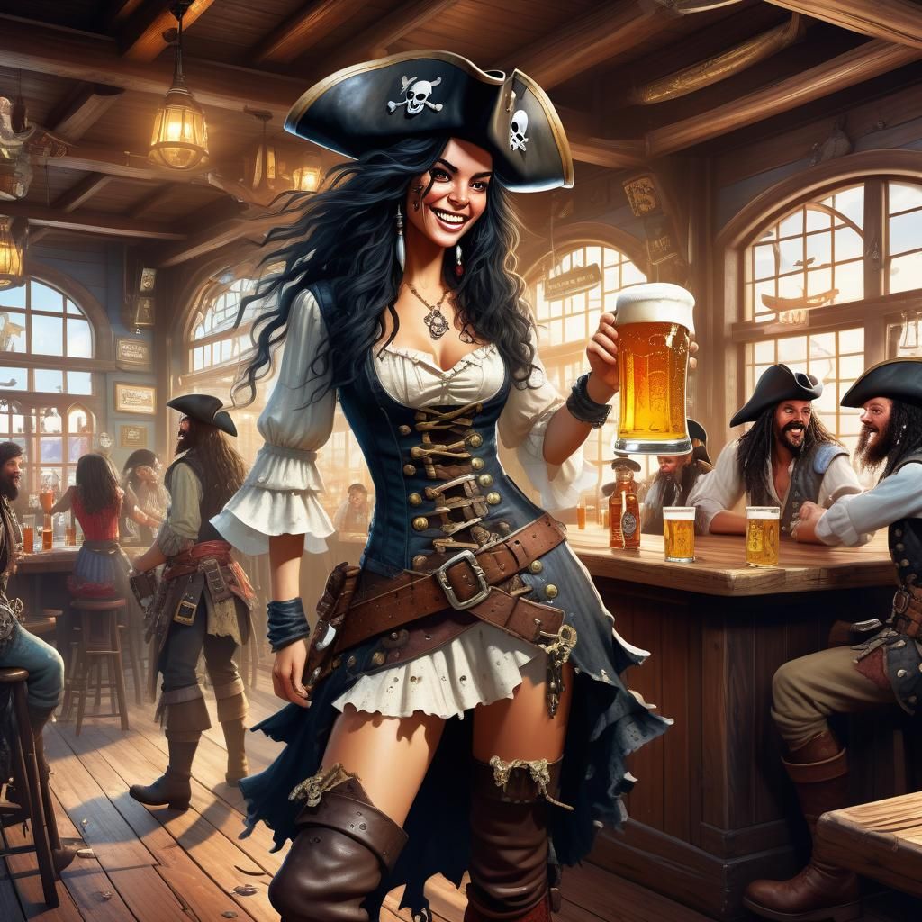 Female Pirate in Pub, Hyperrealistic Splash Art