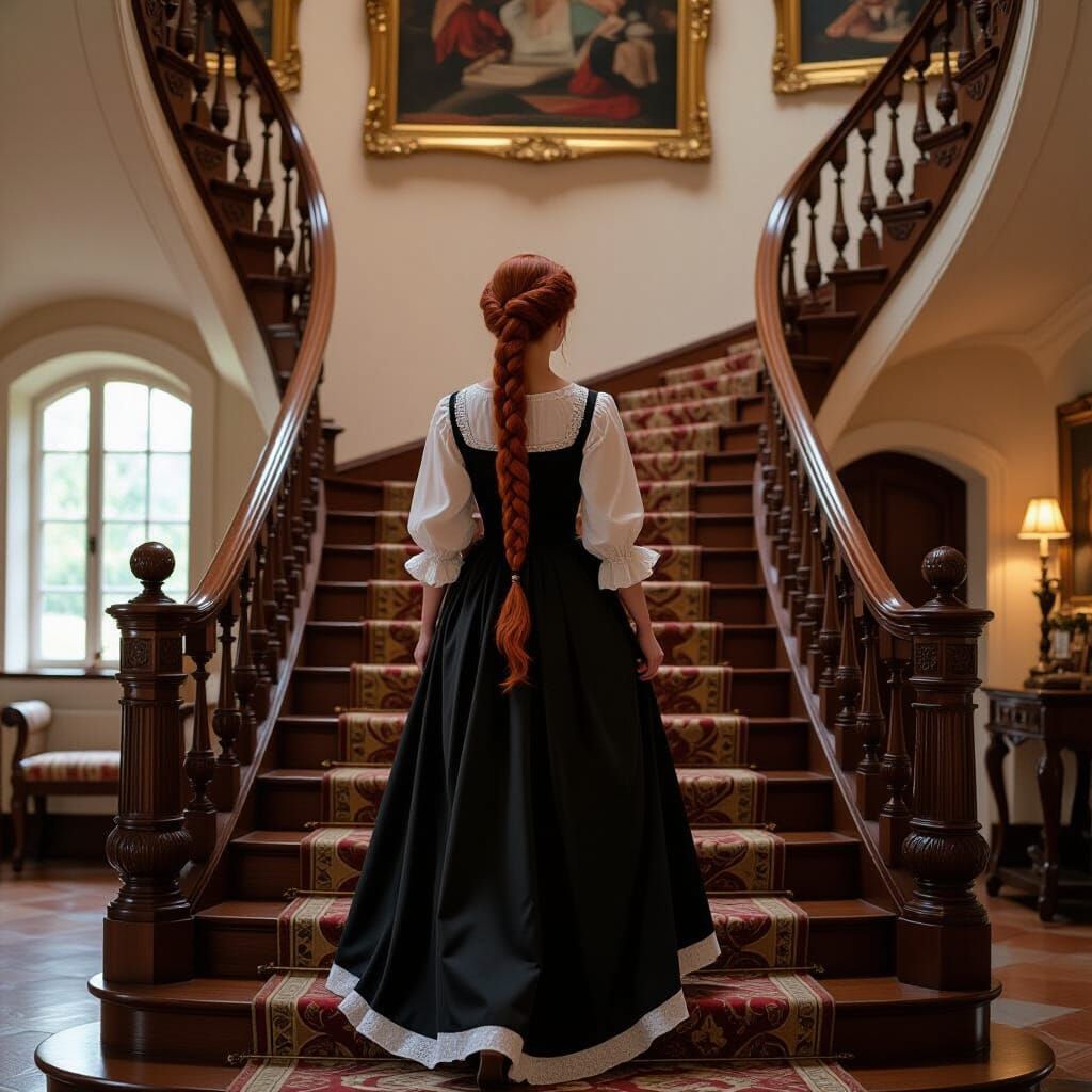 Medieval Woman Descending Staircase in Classical Painting St...