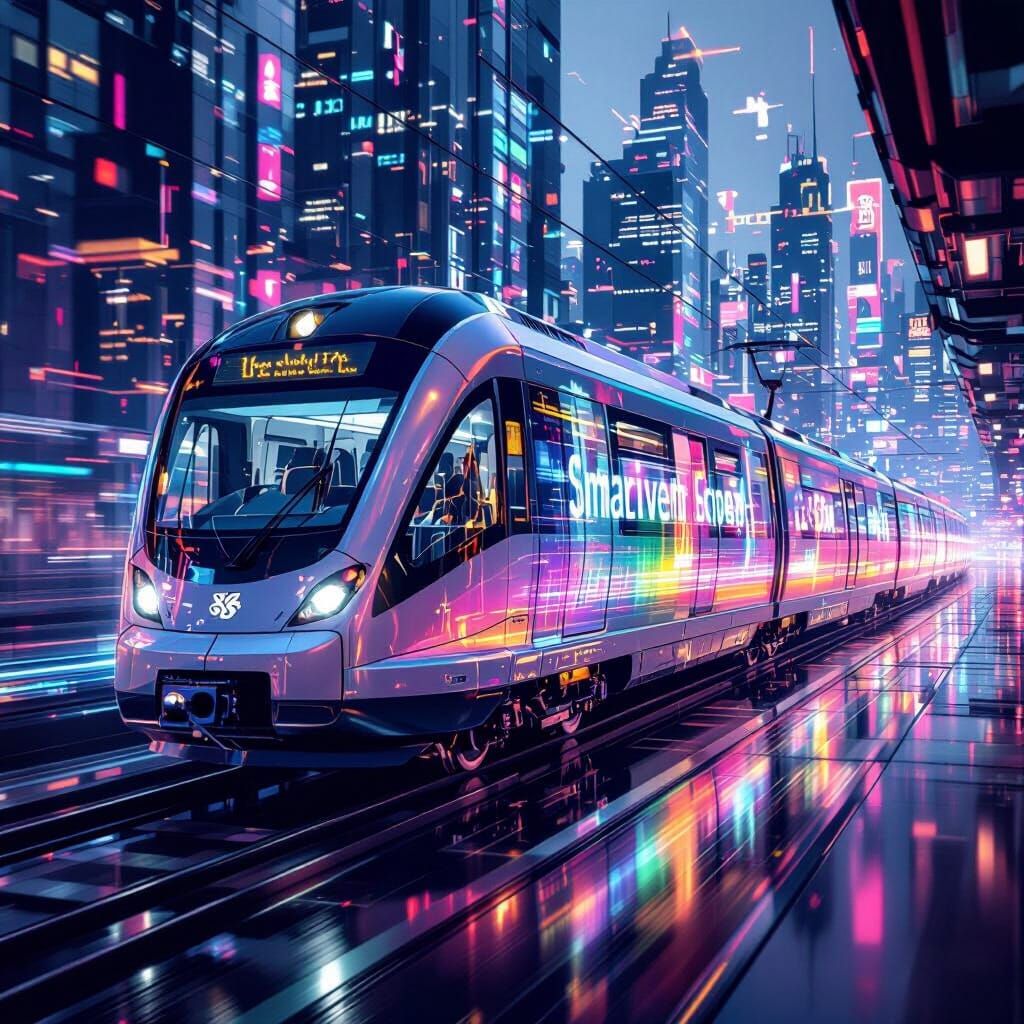 Futuristic Transparent Train in Holographic Cityscape