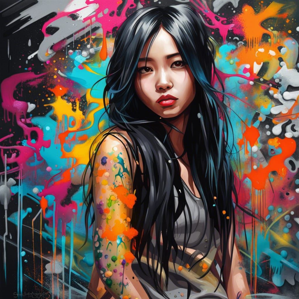 Vietnamese Girl in Colorful Graffiti Street Art