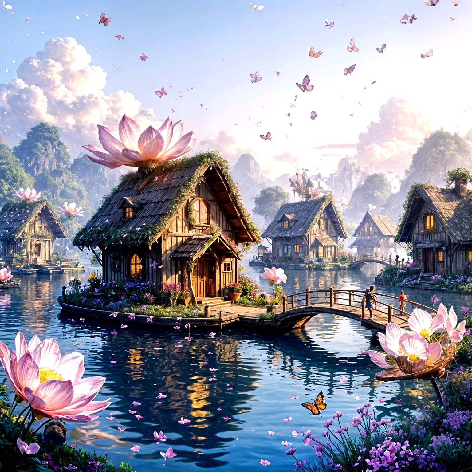 Magical Floating Flower Village with Butterfly Taxis