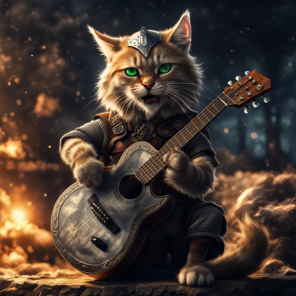 Viking Cat Warrior Sings with Guitar