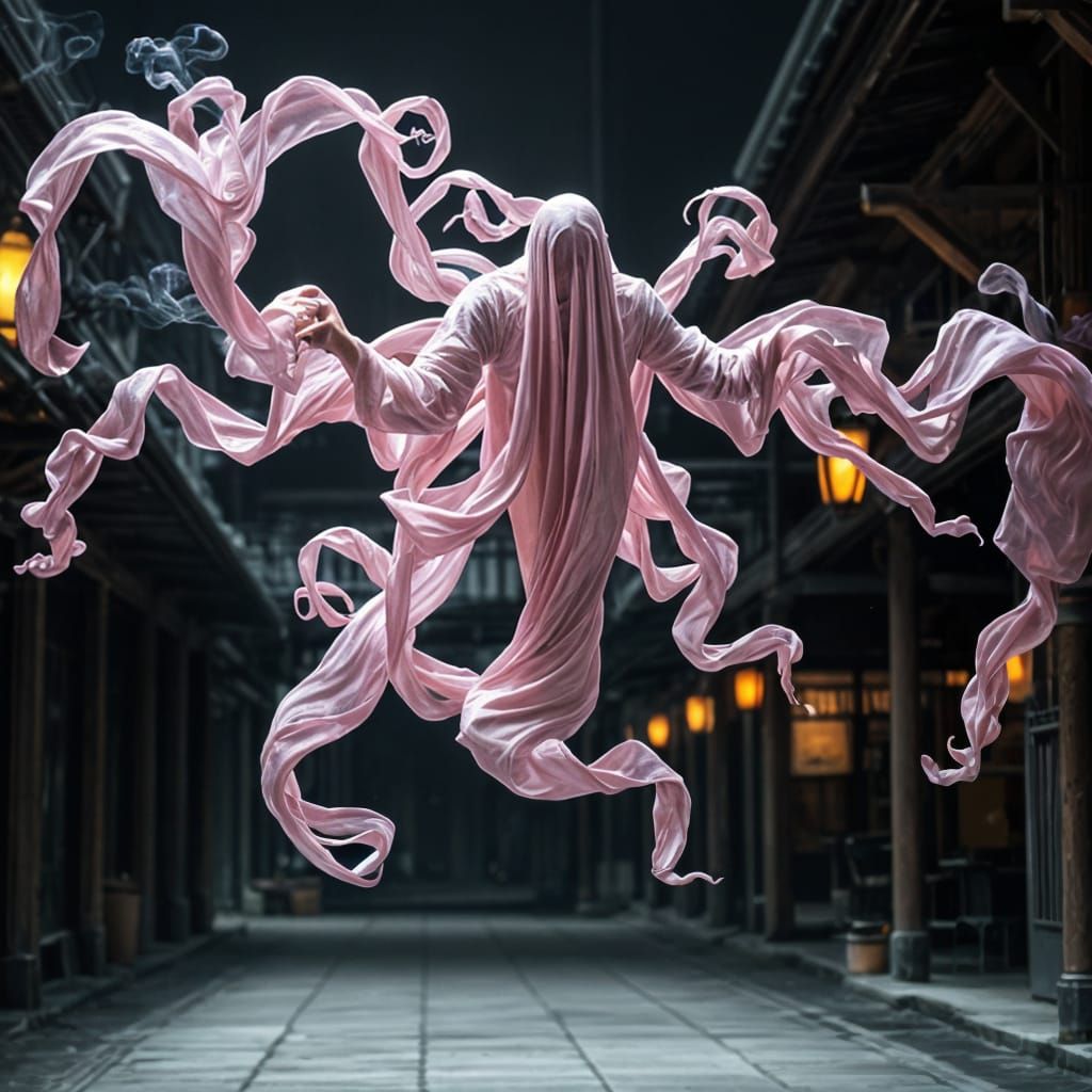 Ethereal Silk Specter in Ancient Asian Alleyway
