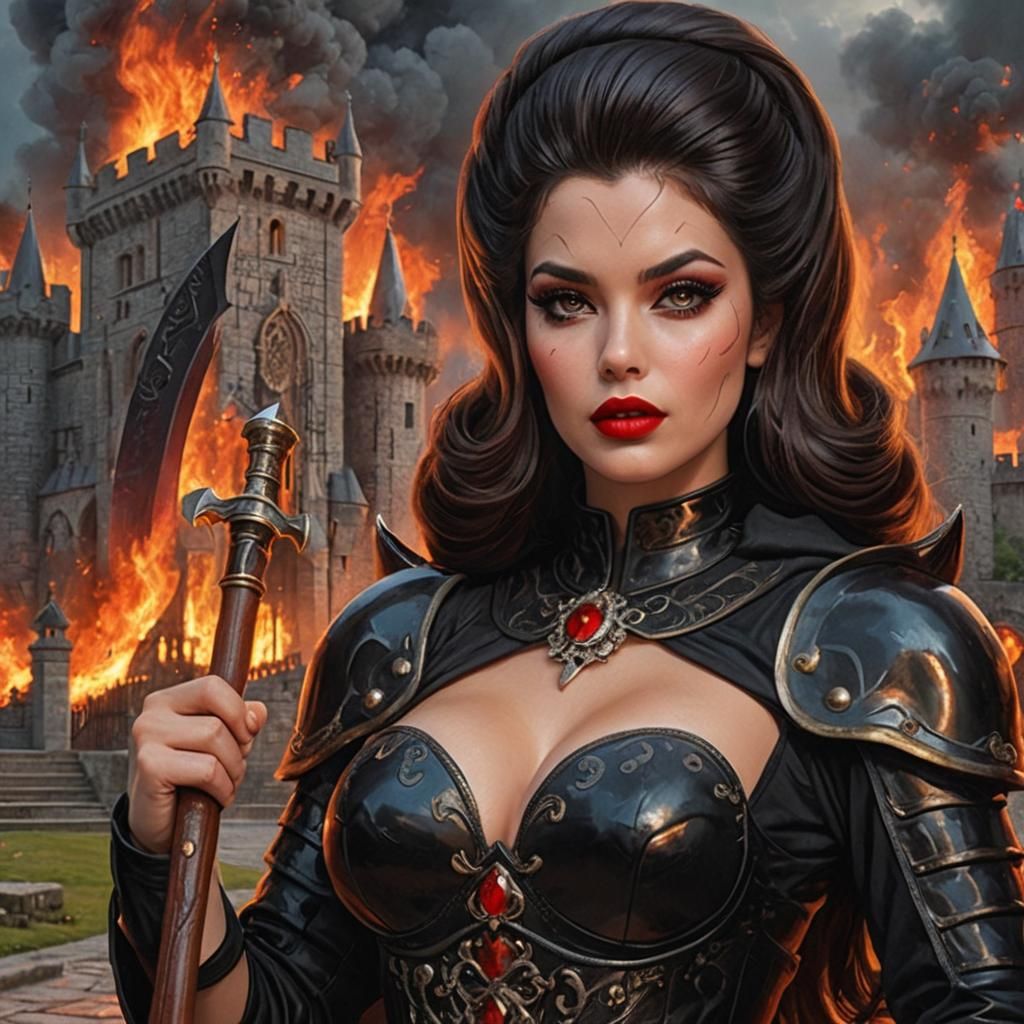 28 year old female in black hooded robe, thick lustrous brunette 1960’s hairstyle, battle-axe in hand, black eyeshadow, ...