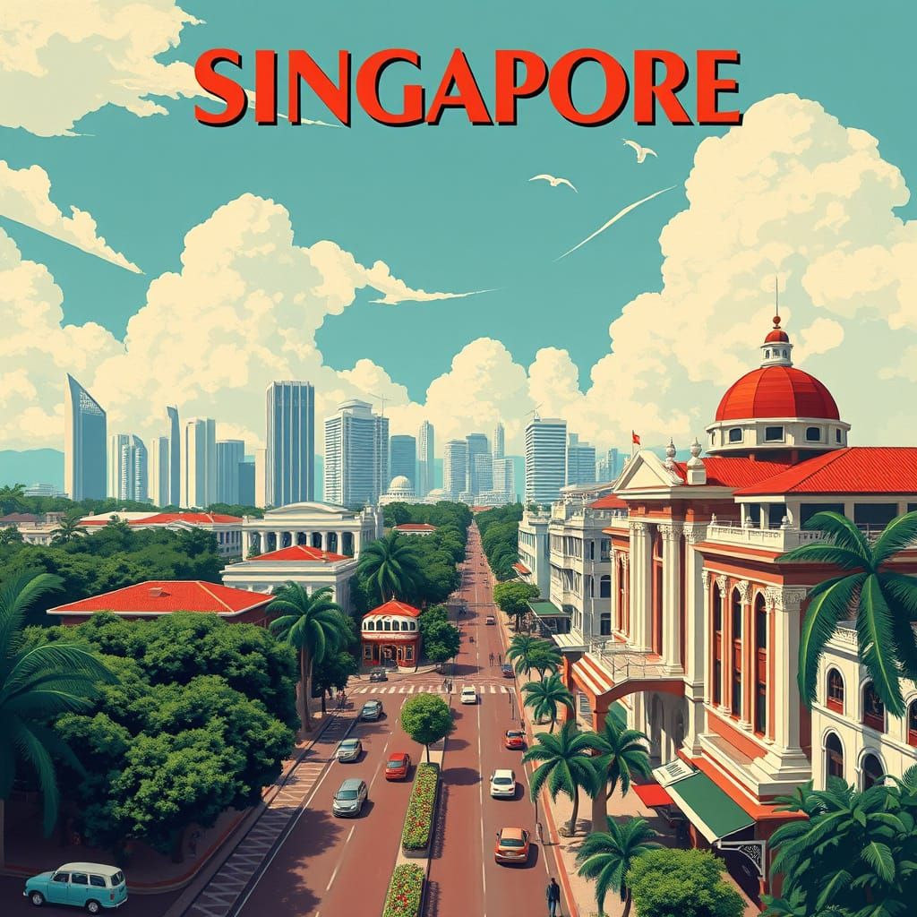 Singapore Art Deco Travel Poster: Colonial Streets & Greener...