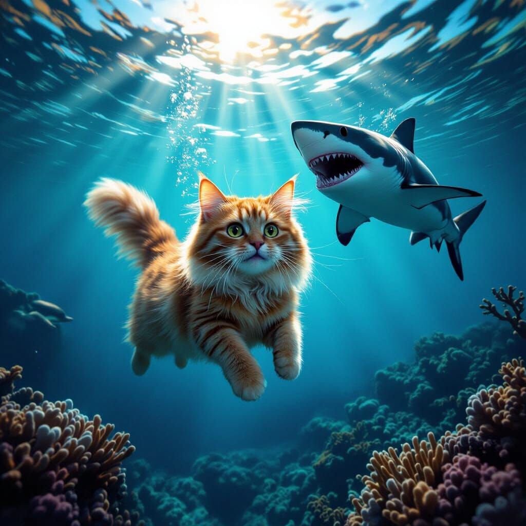 Cat Flees Shark Underwater in Dramatic Ocean Scene