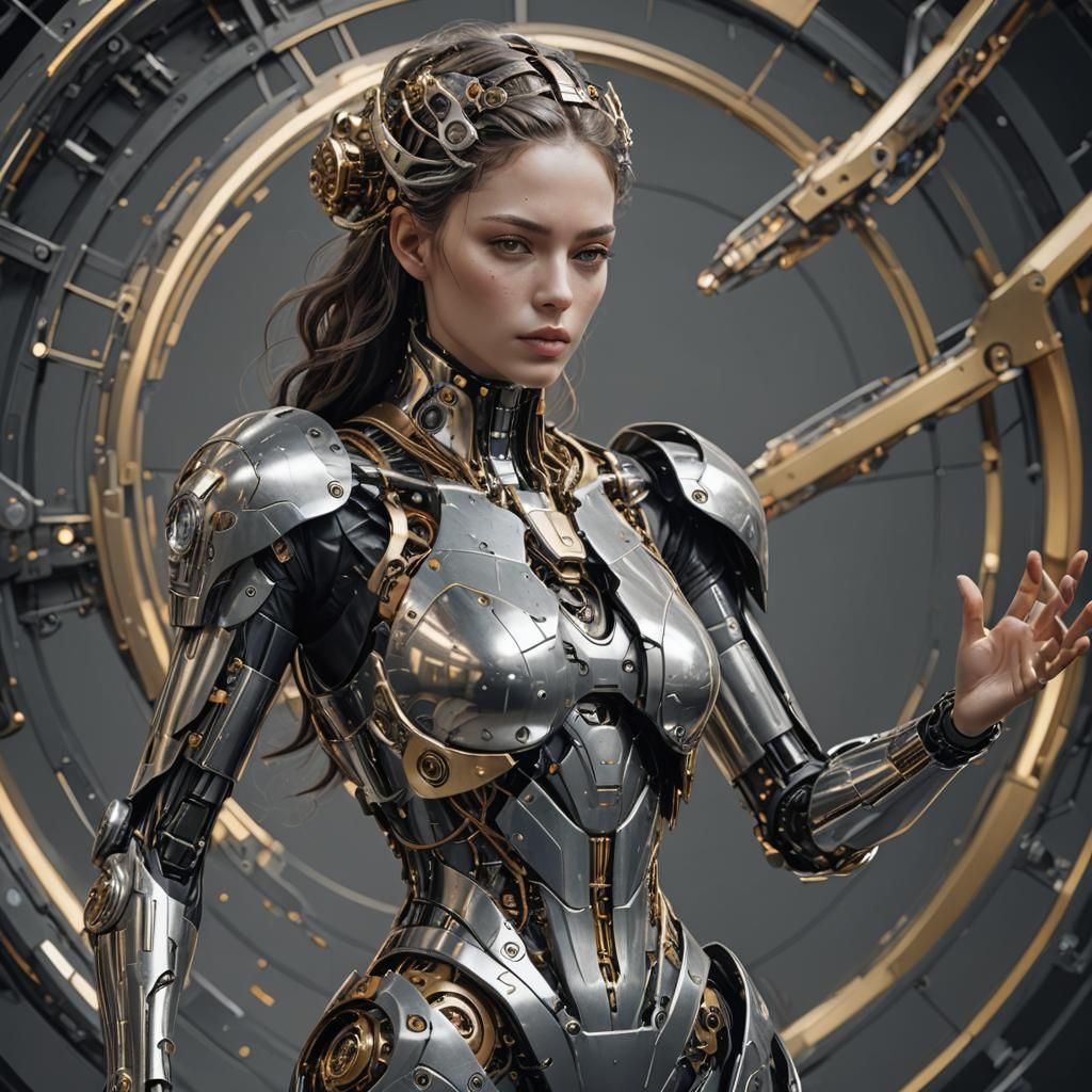 Futuristic Mechanical Woman in Dark Silver and Gold