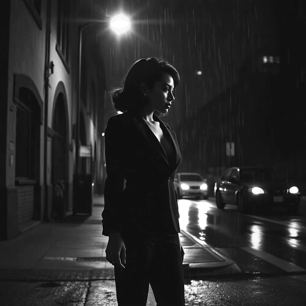 1940s Film Noir Woman in Chiaroscuro Cityscape