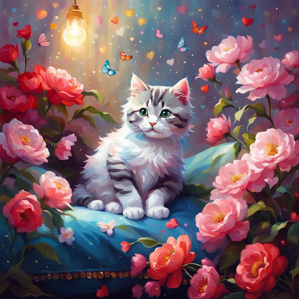 Cute Cat with Flowers in Iridescent Digital Art Style