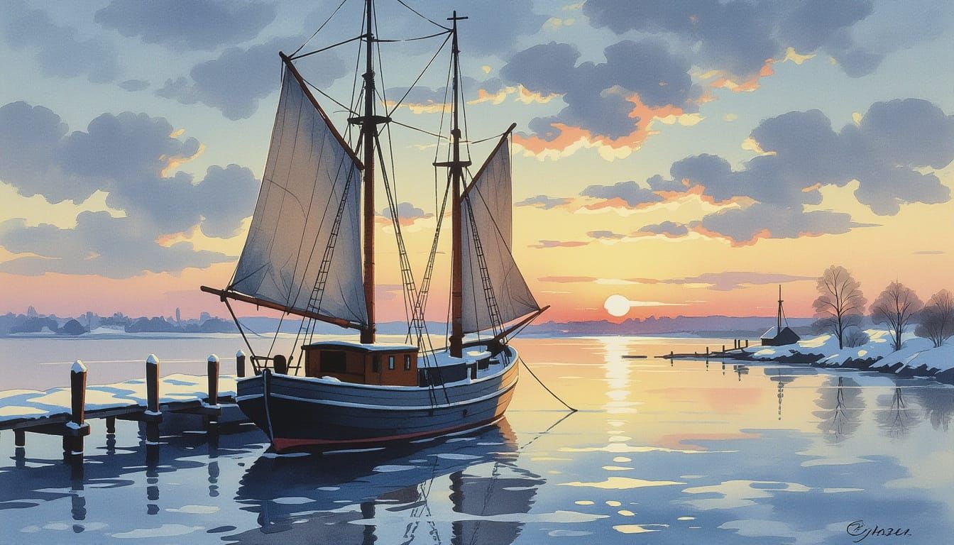 Old Boat at Dock in Muted Winter Sunset