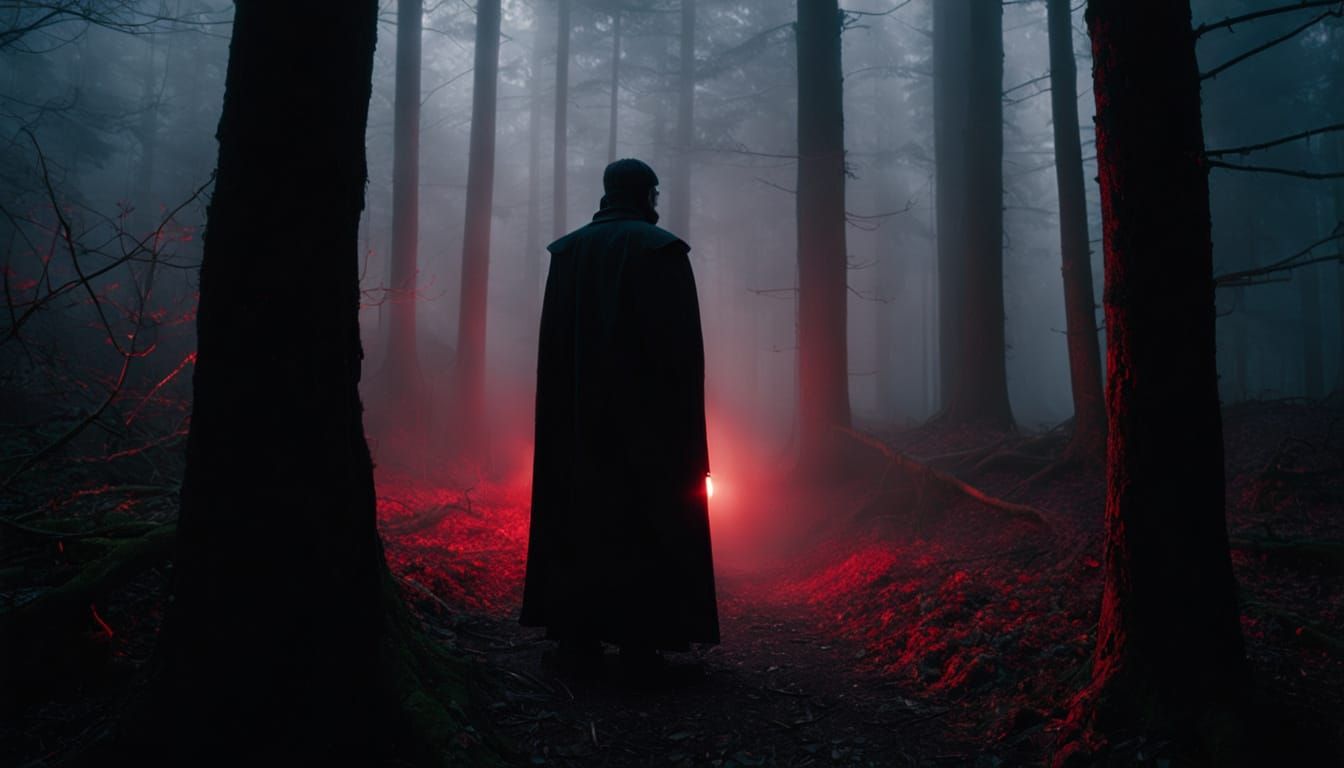 Misty Forest Figure with Flickering Lantern Light