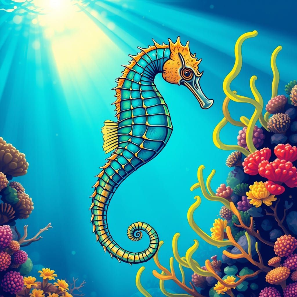 Elegant Seahorse Amidst Coral Reefs in Pop Art Style