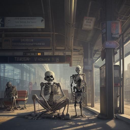 Skeletons Await Bus in Hyperrealistic Splash Art