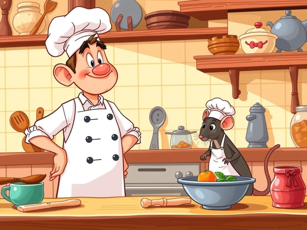 Whimsical Kitchen Scene with Chef and Assisting Rat