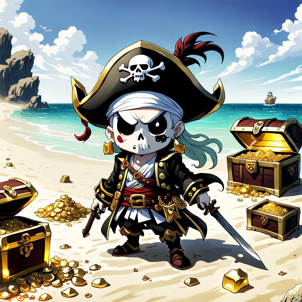 Chibi Demonic Pirate Ghost Guarding Treasure Beach