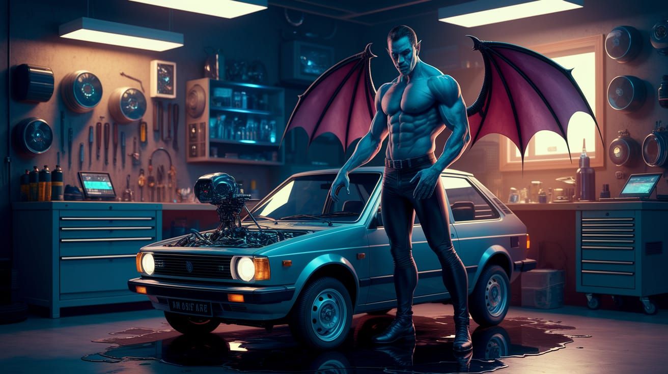 Gothic Vampire Unleashes Hybrid Monster in Dimly Lit Garage