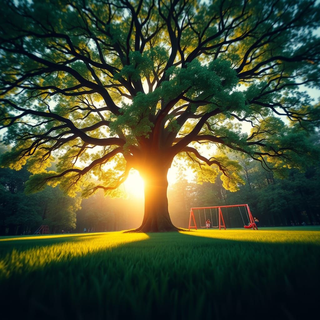 Majestic Pastel Oak Tree Guards a Vibrant Playground