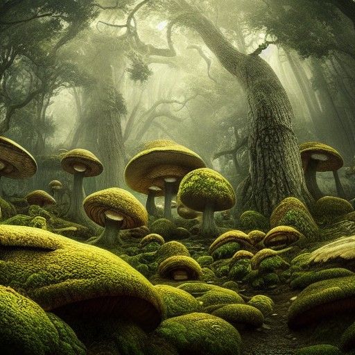 Epic Mushrooms in Deep Forest, Digital Matte Painting