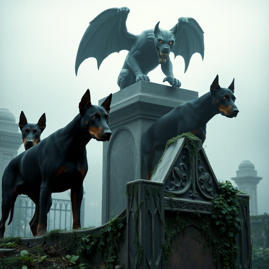 Dobermans Guarding Graveyard in Gothic Horror Style