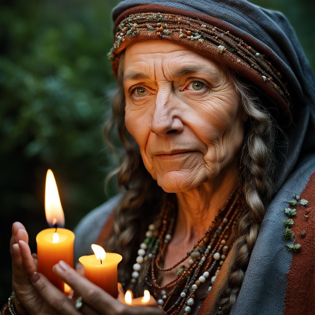 Pagan Healer Portrait with Crystals and Herbs