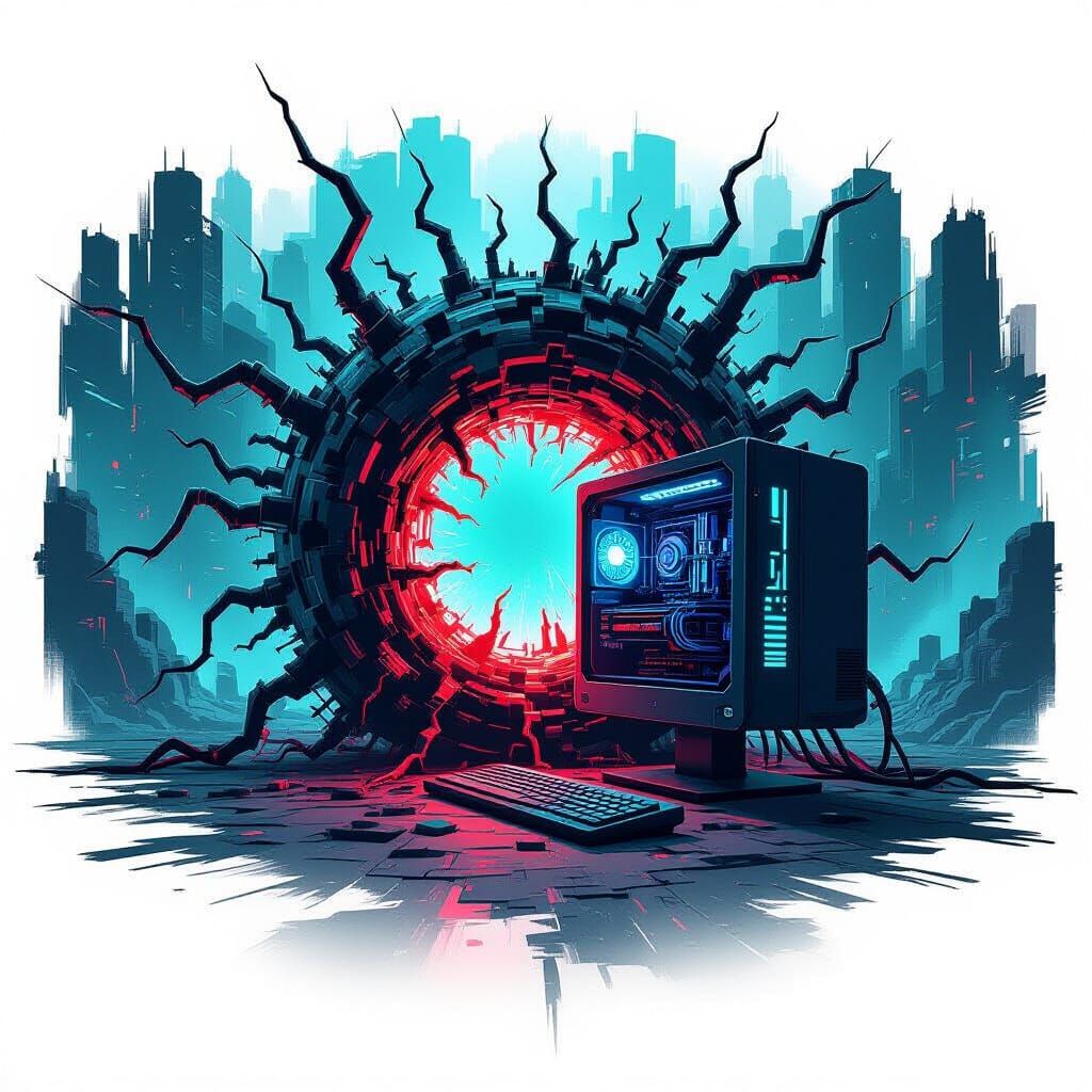 Digital Virus Attacks Futuristic Computer in Cyberpunk Style