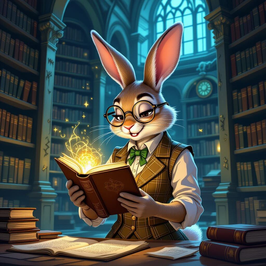 Rabbit Scholar Examines Glowing Artifact in Dusty Library