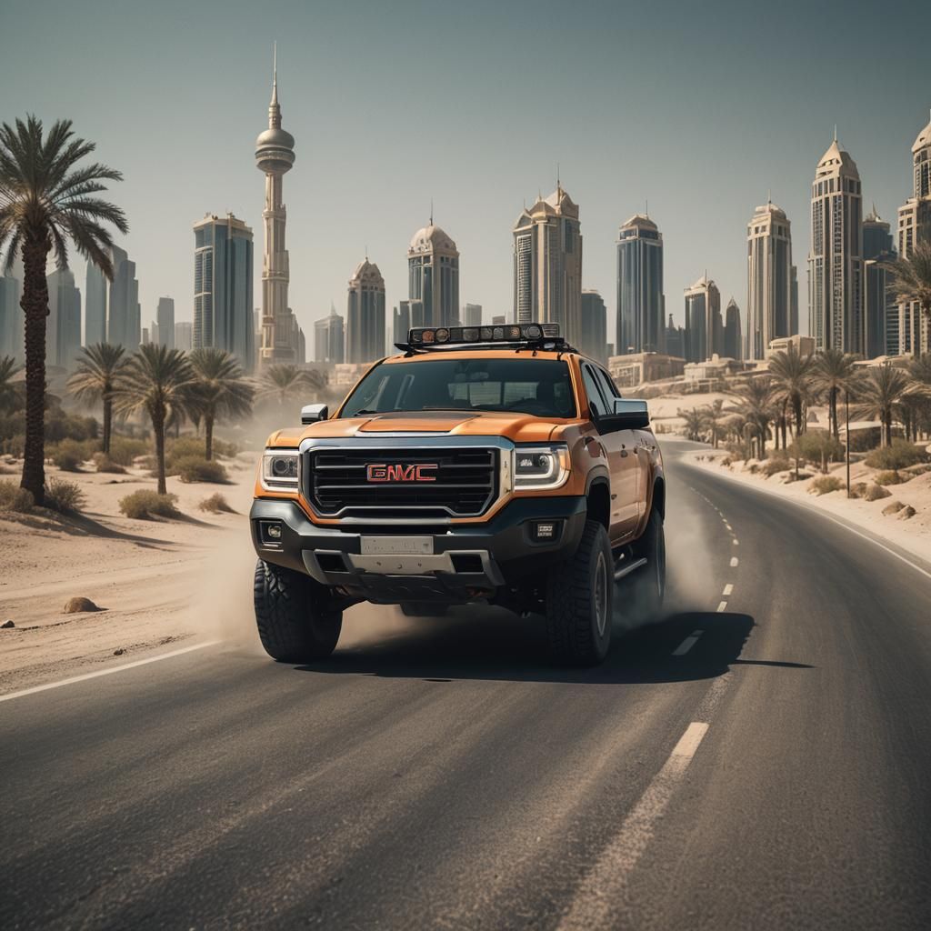 GMC Car on Dubai Road: Cinematic Film Still