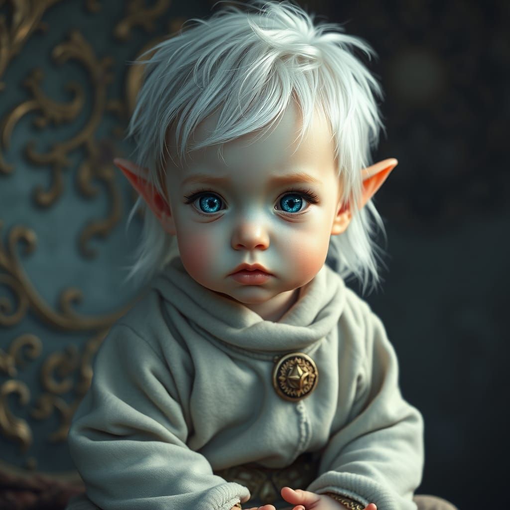 Regal Norse Elf Infant with Soft White Hair and Indigo Eyes