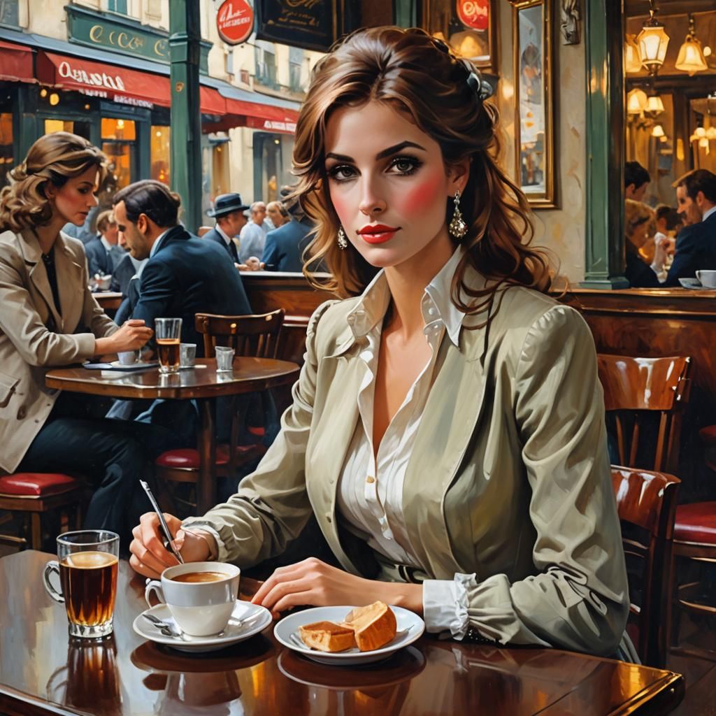 Parisian Cafe Woman: Oil Painting in Asencio Style