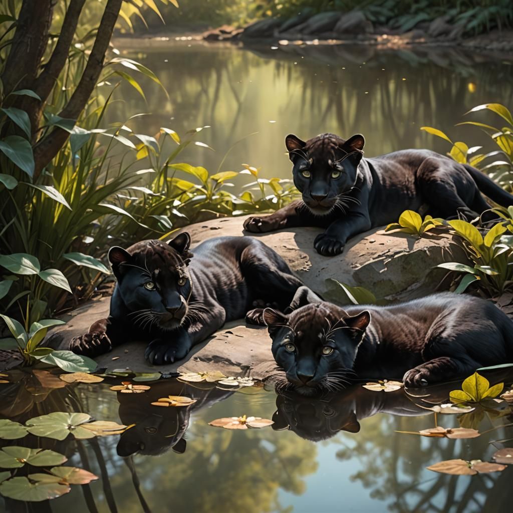 Baby Black Panthers in Sunlight: Hyper-Realistic Digital Art