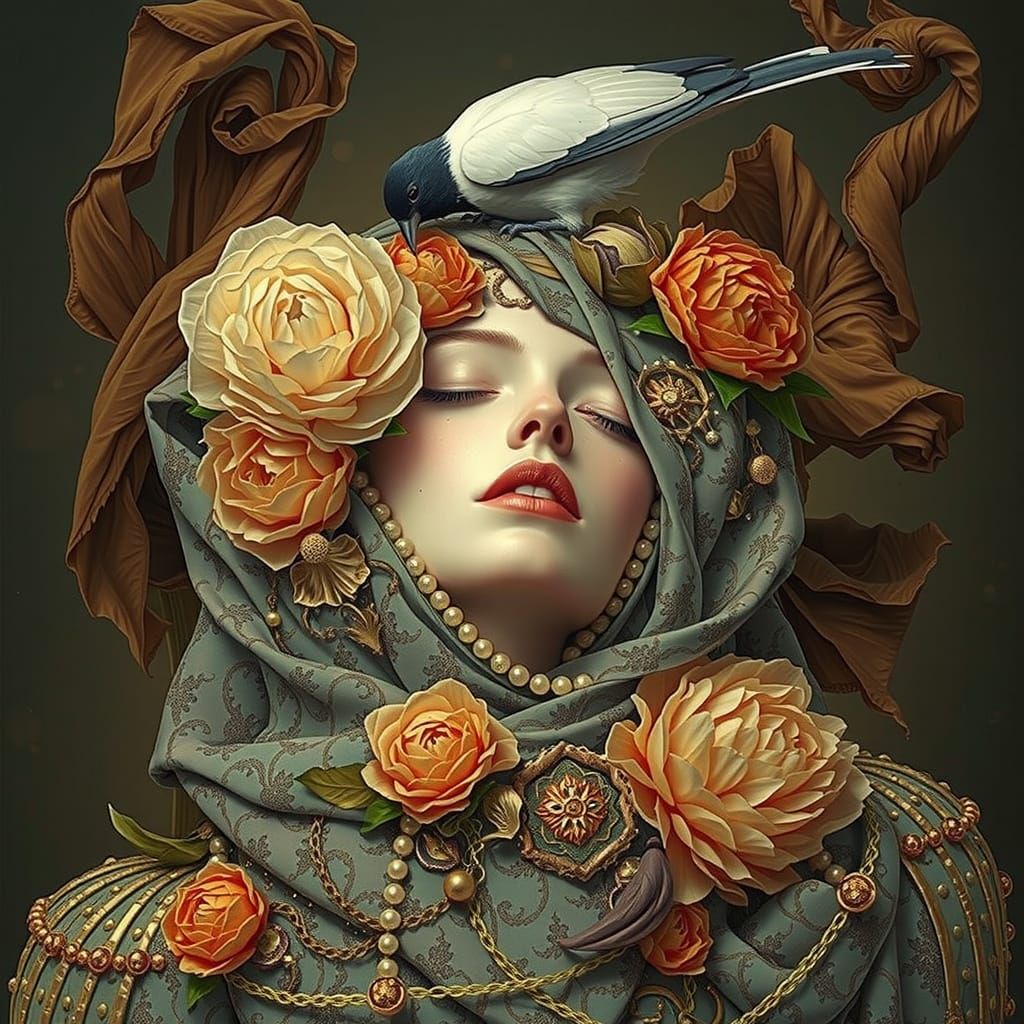 Grieving Beauty in Victorian Mourning Attire, Symbolizing Lo...