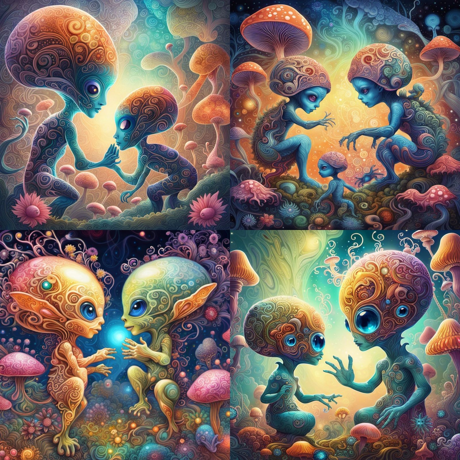 Alien Babies Play Among Psychedelic Mushrooms