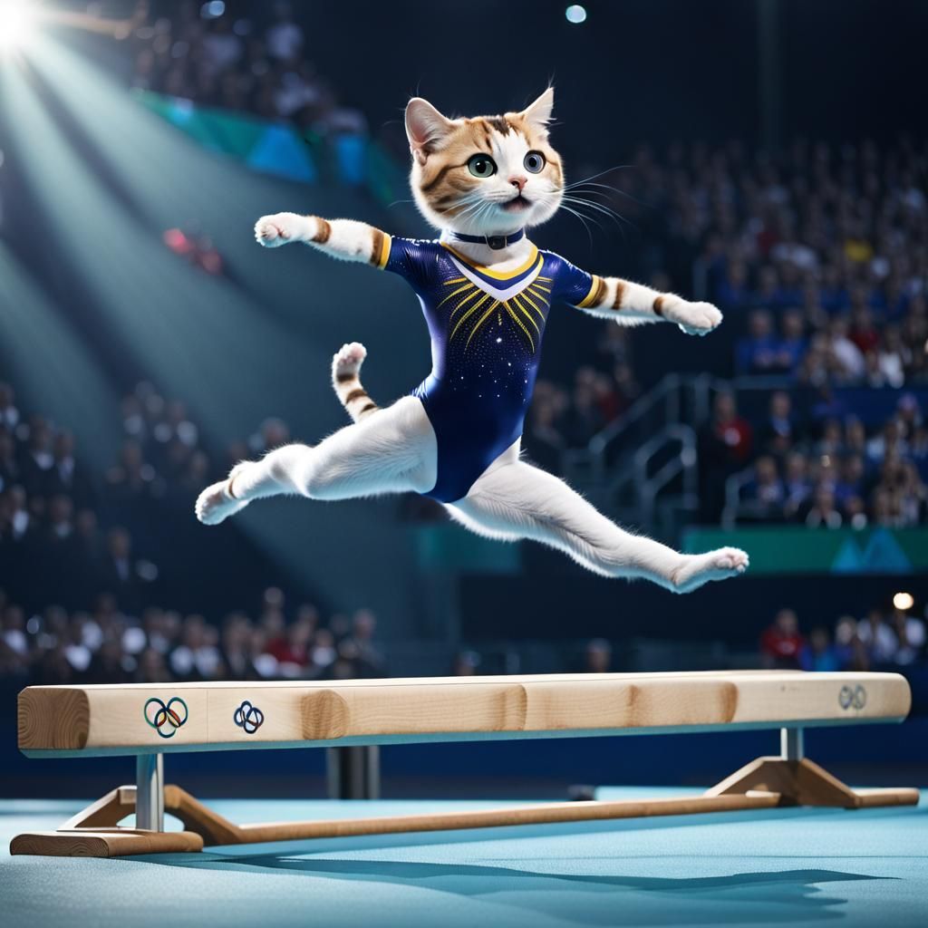 Cat Gymnast Performs Split Jump at Olympics