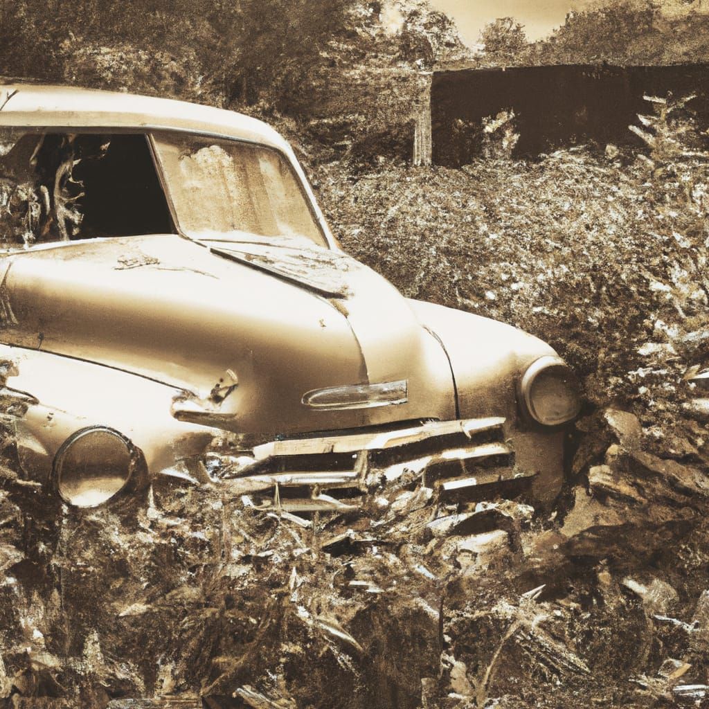 Vintage Car Rusting in Overgrown Lot: Photorealism